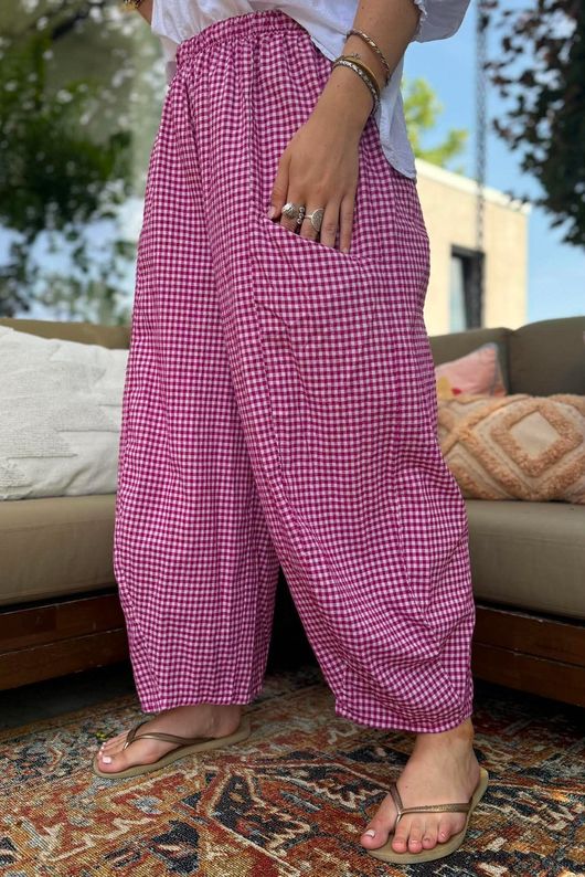 Arbi Gingham Relaxed Barrel Pant Magenta